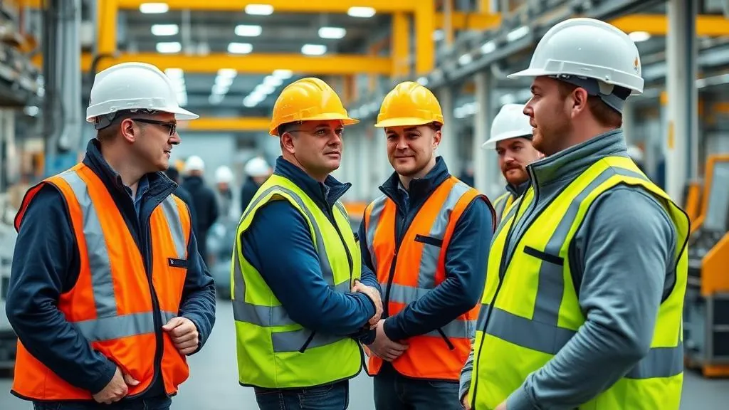 Industriarbetare med hjälm och skyddsglasögon i en produktionsanläggning i Örnsköldsvik