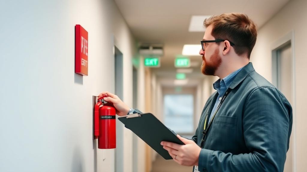 Brandskyddskontroll av släckare och utrymningsvägar i en kontorsmiljö